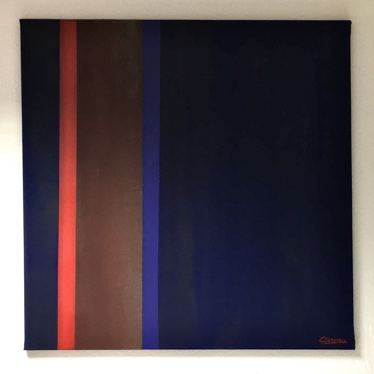 Felder : blau und rot (II) 2020, Acryl und  lose Farbpigmente auf Leinwand, 100x100 cm.
