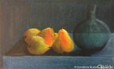 Stillleben: Birnen mit Flasche 202, Pastellkreide auf Papier, 25x35 cm.